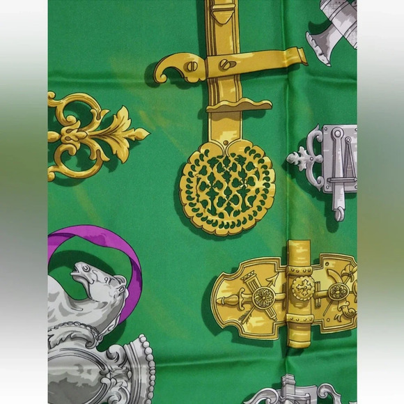 Hermes Green and Gold Scarf with Purple Accents - Picture 13 of 15
